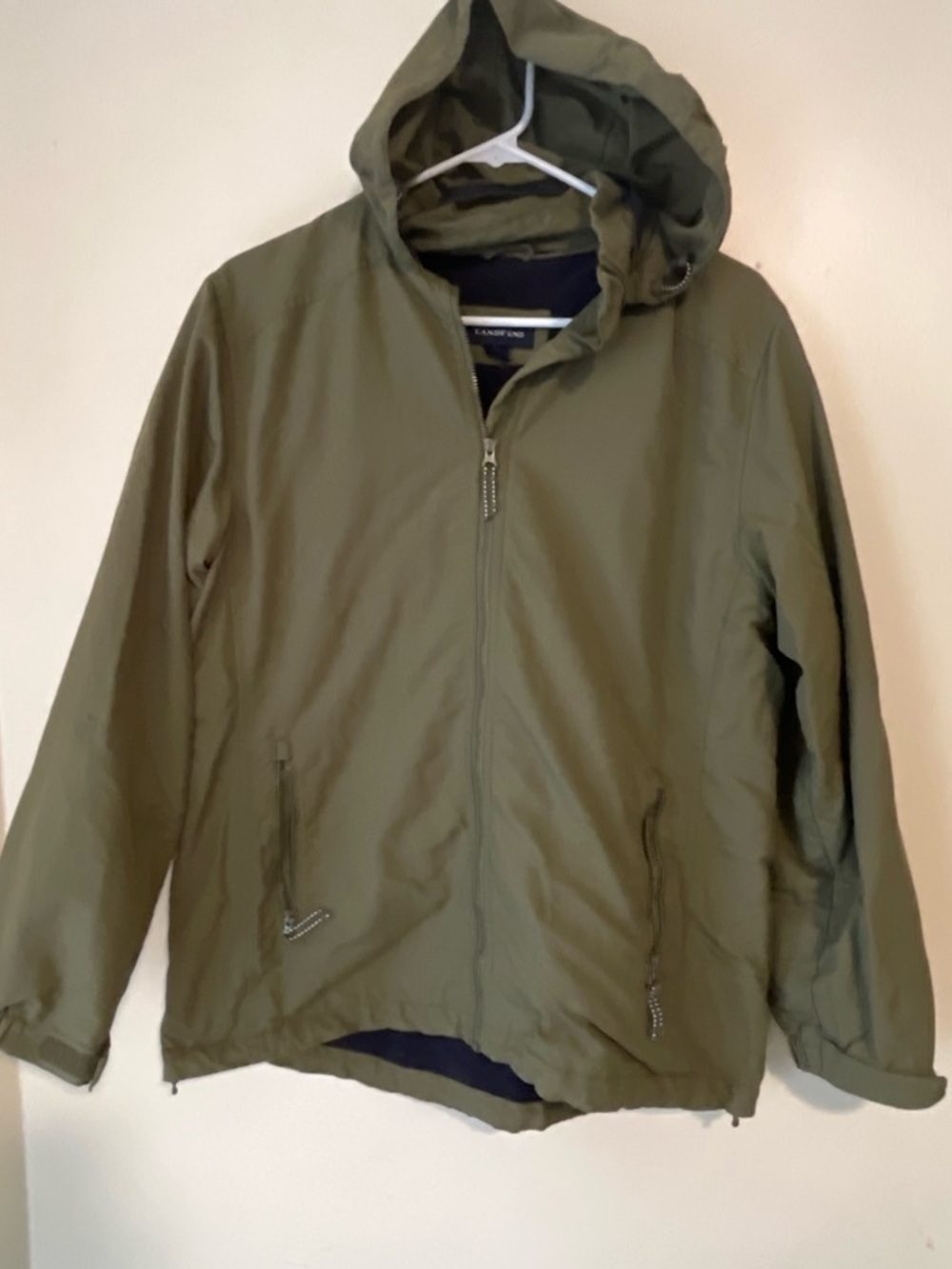 Lands' End Olive Hooded Fleece Lined Windbreaker Jacket